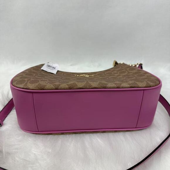 Coach Teri Hobo Bag In Signature Canvas Crossbody In Gold/Tan/Fuschia CV940 NWT - Picture 11 of 11